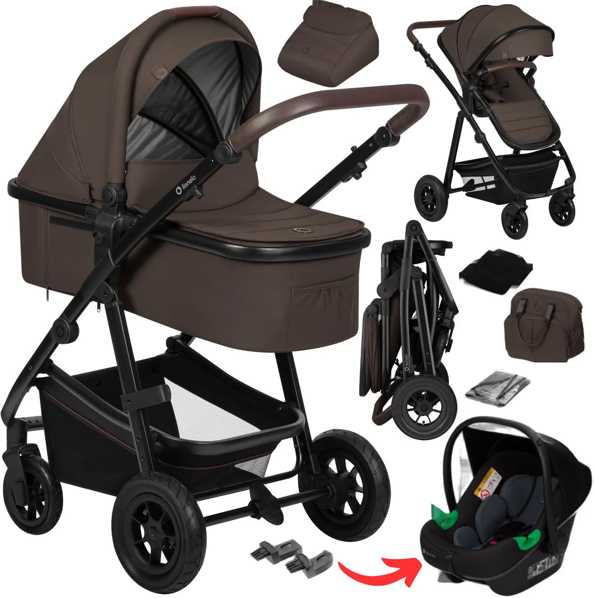 Amber Kinderwagen 3 in 1 – Complete Set met Reiswieg, Wandelwagen & Astrid i-Size Lite Autostoel ADAC – Geboorte tot 4 Jaar / 0-22 kg – Luchtbanden – Volledige Vering – Omkeerbare Zitting – XXL Zonnekap – Accessoireset de Lionelo en Marron – photo produit 1 sur 5