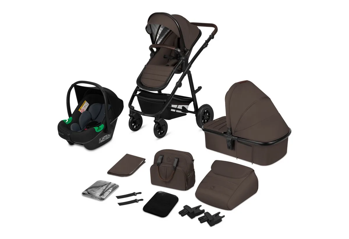 Amber Kinderwagen 3 in 1 – Complete Set met Reiswieg, Wandelwagen & Astrid i-Size Lite Autostoel ADAC – Geboorte tot 4 Jaar / 0-22 kg – Luchtbanden – Volledige Vering – Omkeerbare Zitting – XXL Zonnekap – Accessoireset de Lionelo en Marron – photo produit 2 sur 5