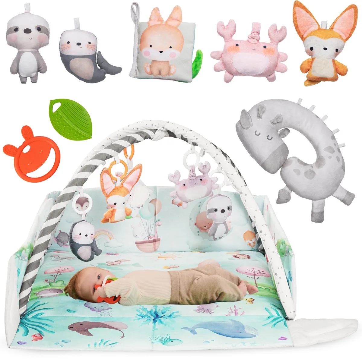 Anika Natural Bamboe Babygym & Speelmat met Speelboog – 8 Sensorisch Baby Speelgoed & Tummy Time Kussen – vanaf 0 Maanden – Opstaande Rand – Montessori Babyshower Cadeau – Interactief & Educatief Speelkleed – Activiteitenkussen de Lionelo en Multicolore – photo produit