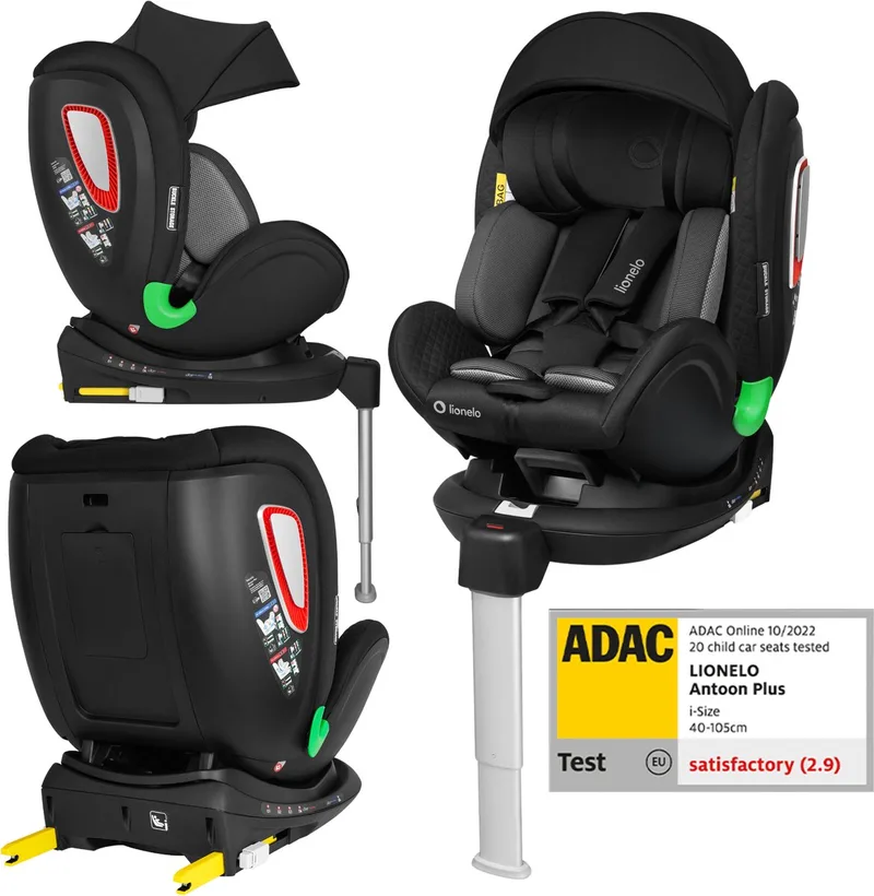 Antoon Plus i-Size Autostoel 0-18 kg (40-105 cm) - 360° Draaibaar - ISOFIX met Stabilisatiepoot - ADAC veiligheidscertificaat - RWF/FWF - 5-Puntsgordel - SIPS Zijbescherming - Verstelbare Hoofdsteun & Rugleuning de Lionelo en Zwart – photo produit