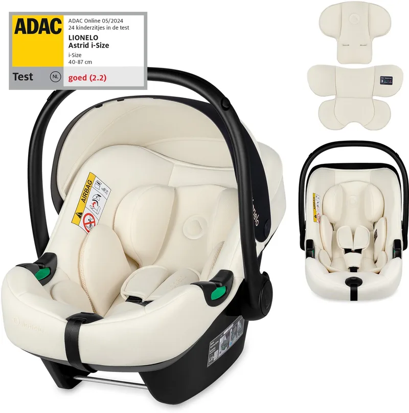 Astrid i-Size Autostoel – ADAC 5-sterren – 40-87 cm – RWF – Memory Foam – Verstelbare hoofdsteun (7 cm) – Holmbergs gordels – Compatibel met ISOFIX-base & kinderwagen – i-Size norm – Licht & veilig från Lionelo i Cream – produktbild