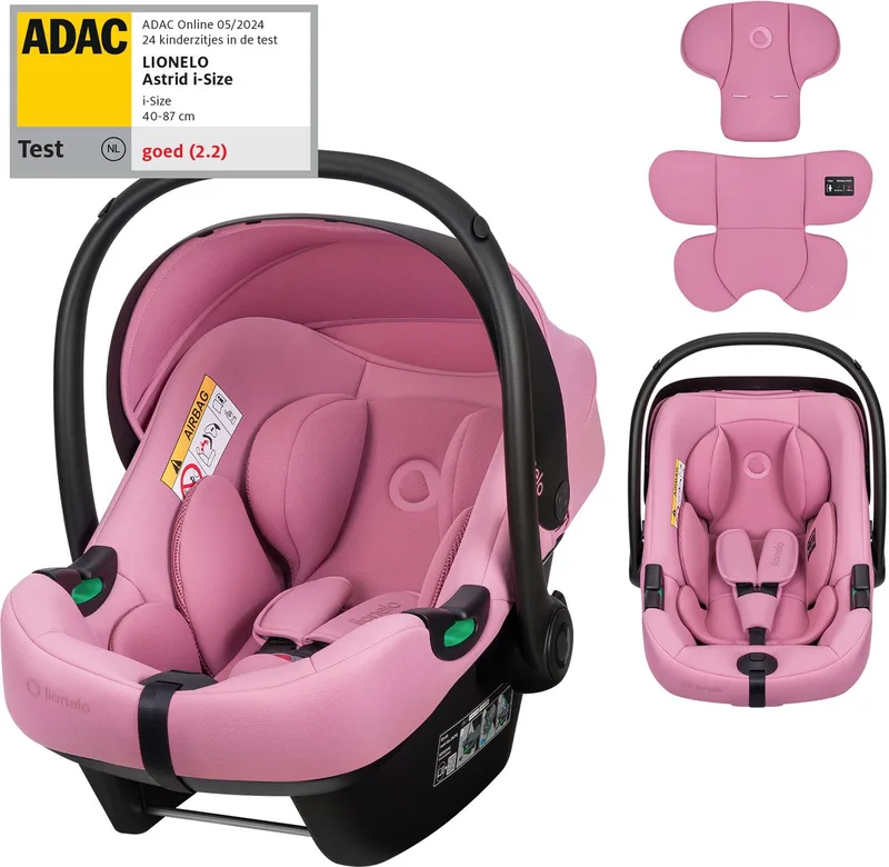 Astrid i-Size Autostoel – ADAC 5-sterren – 40-87 cm – RWF – Memory Foam – Verstelbare hoofdsteun (7 cm) – Holmbergs gordels – Compatibel met ISOFIX-base & kinderwagen – i-Size norm – Licht & veilig de Lionelo en Roze – photo produit