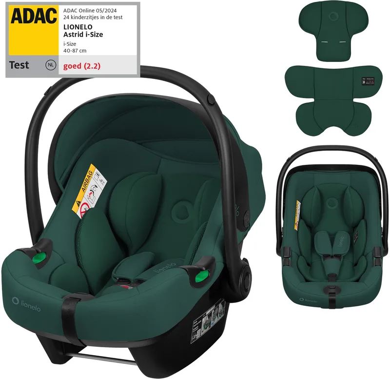 Astrid i-Size Autostoel – ADAC 5-sterren – 40-87 cm – RWF – Memory Foam – Verstelbare hoofdsteun (7 cm) – Holmbergs gordels – Compatibel met ISOFIX-base & kinderwagen – i-Size norm – Licht & veilig by Lionelo in Groen – product photo