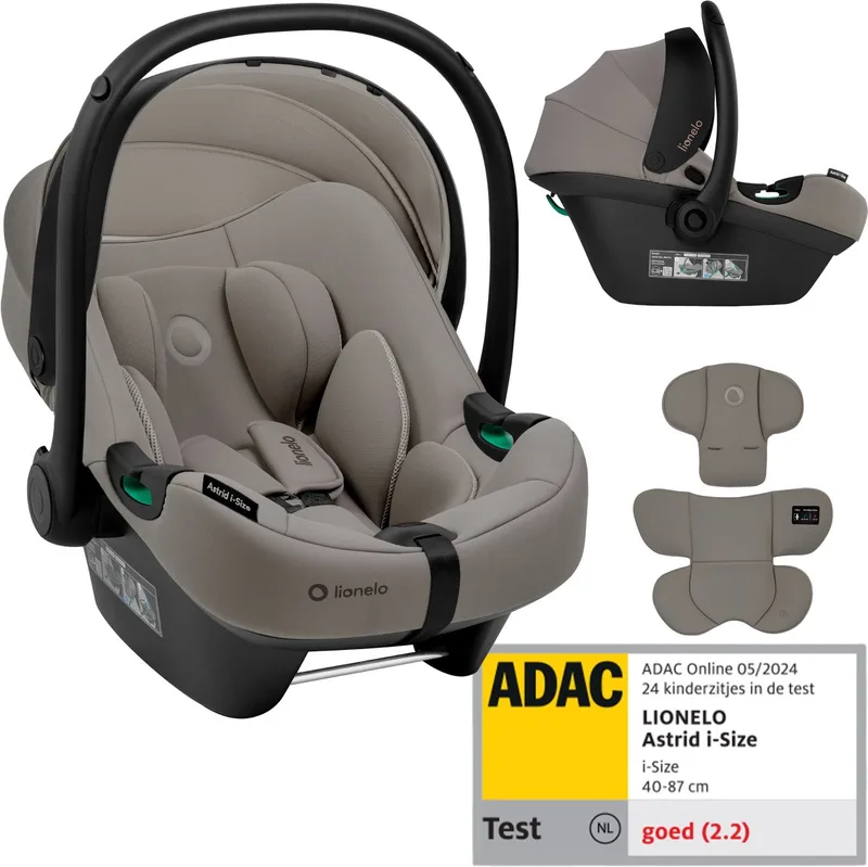 Astrid i-Size Autostoel – ADAC 5-sterren – 40-87 cm – RWF – Memory Foam – Verstelbare hoofdsteun (7 cm) – Holmbergs gordels – Compatibel met ISOFIX-base & kinderwagen – i-Size norm – Licht & veilig de Lionelo en Donkerbeige – photo produit