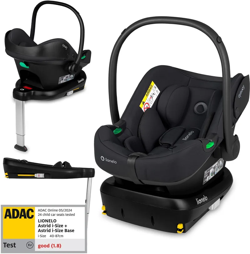 Astrid i-Size SET – Autostoeltje 40–87 cm + ISOFIX-Basis – ADAC Getest – R129 i-Size – Memory Foam – Verstelbare Hoofdsteun – Zijdelingse Bescherming – Dri-Seat – Lichtgewicht – Universeel Compatibel by Lionelo in Zwart – product photo