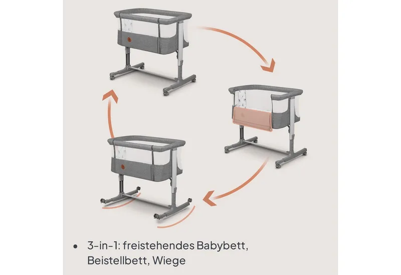 Baby-Reisebett AURORA, 3-in-1: Beistellbett, Babywiege, freistehendes Babybett von Lionelo in Grau – Produktfoto 3 von 3