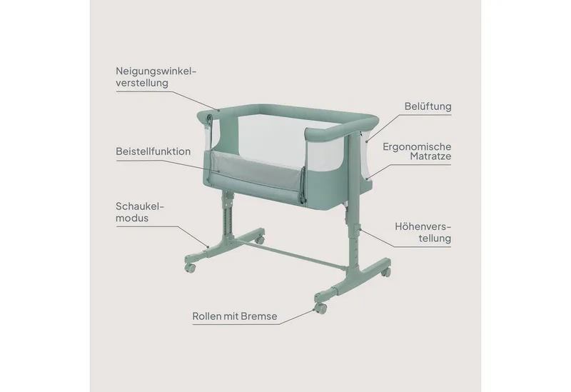 Baby-Reisebett AURORA, 3-in-1: Beistellbett, Babywiege, freistehendes Babybett by Lionelo in Green – product photo 2 of 3