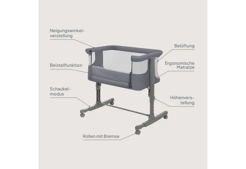 Baby-Reisebett AURORA, 3-in-1: Beistellbett, Babywiege, freistehendes Babybett by Lionelo in Grey – product photo 2 of 3
