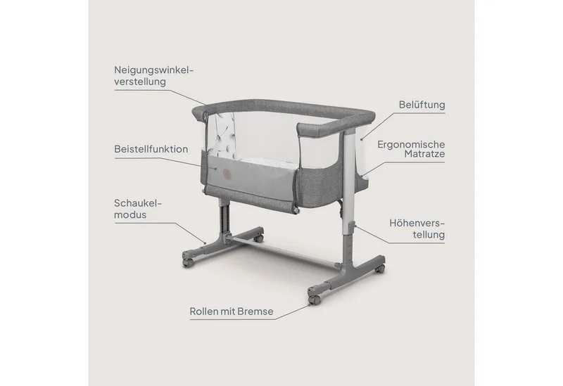 Baby-Reisebett AURORA, 3-in-1: Beistellbett, Babywiege, freistehendes Babybett von Lionelo in Grau – Produktfoto 2 von 3
