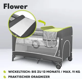 Reisbedje FLOWER, 4in1: box, verschoontafel, matras op twee hoogtes van Lionelo in Grijs – productfoto 3 van 5