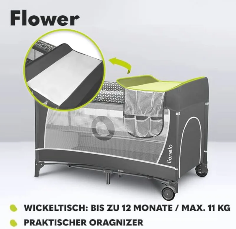 Reisbedje FLOWER, 4in1: box, verschoontafel, matras op twee hoogtes van Lionelo in Grijs – productfoto 3 van 5