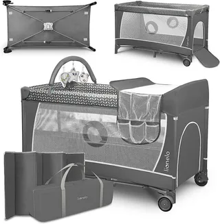 Reisbedje FLOWER, 4in1: box, verschoontafel, matras op twee hoogtes van Lionelo in Grijs – productfoto 1 van 5