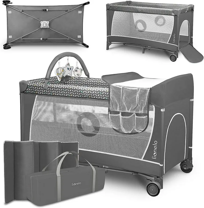 Reisbedje FLOWER, 4in1: box, verschoontafel, matras op twee hoogtes van Lionelo in Grijs – productfoto 1 van 5