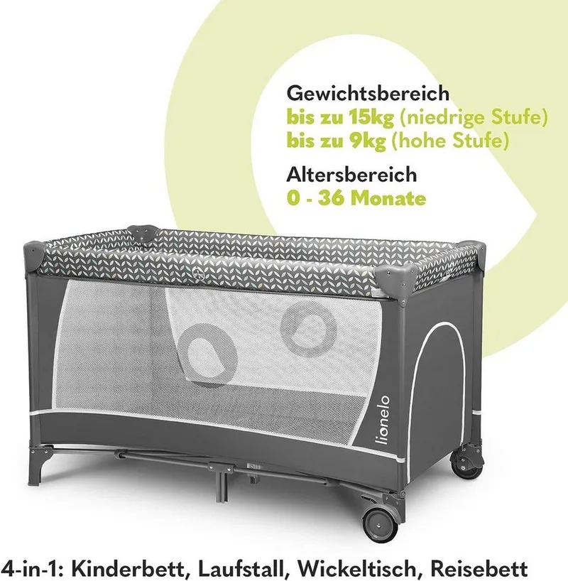 Reisbedje FLOWER, 4in1: box, verschoontafel, matras op twee hoogtes van Lionelo in Grijs – productfoto 2 van 5