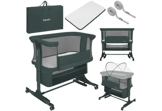 Baby-Reisebett JODIE, 3in1 Beistell/freistehend/Wiege/6 Stufen/Netzseiten/4 Rollen von Lionelo in Green Graphite – Produktfoto 1 von 4