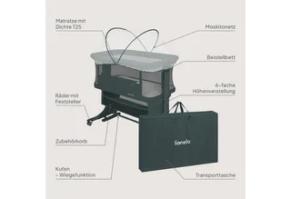 Baby-Reisebett JODIE, 3in1 Beistell/freistehend/Wiege/6 Stufen/Netzseiten/4 Rollen von Lionelo in Green Graphite – Produktfoto 2 von 4