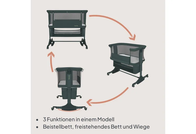 Baby-Reisebett JODIE, 3in1 Beistell/freistehend/Wiege/6 Stufen/Netzseiten/4 Rollen von Lionelo in Green Graphite – Produktfoto 3 von 4