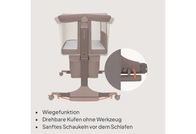 Baby-Reisebett JODIE, 3in1 Beistell/freistehend/Wiege/6 Stufen/Netzseiten/4 Rollen by Lionelo in Beige – product photo 4 of 4