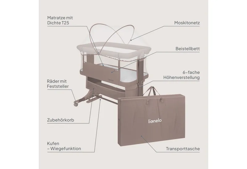Baby-Reisebett JODIE, 3in1 Beistell/freistehend/Wiege/6 Stufen/Netzseiten/4 Rollen by Lionelo in Beige – product photo 2 of 4