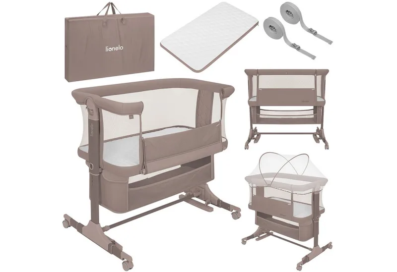 Baby-Reisebett JODIE, 3in1 Beistell/freistehend/Wiege/6 Stufen/Netzseiten/4 Rollen fra Lionelo i Beige – produktbillede
