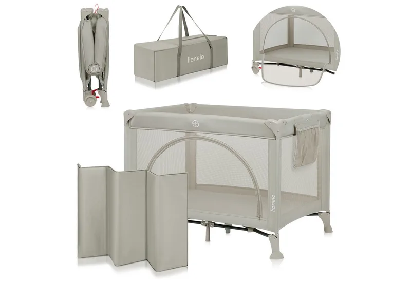 Baby-Reisebett LAURA, Kompakt/Bodeneinstieg/2 Matratzenhöhen/Rollen mit Bremsen by Lionelo in Beige – product photo