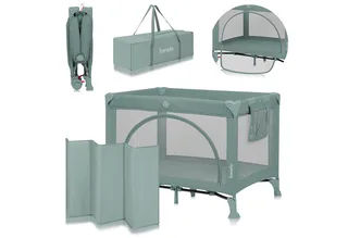 Baby-Reisebett LAURA, Kompakt/Bodeneinstieg/2 Matratzenhöhen/Rollen mit Bremsen by Lionelo in Green – product photo 1 of 4