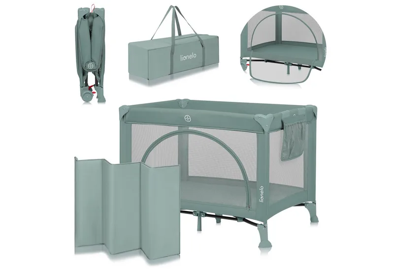 Baby-Reisebett LAURA, Kompakt/Bodeneinstieg/2 Matratzenhöhen/Rollen mit Bremsen by Lionelo in Grün – product photo