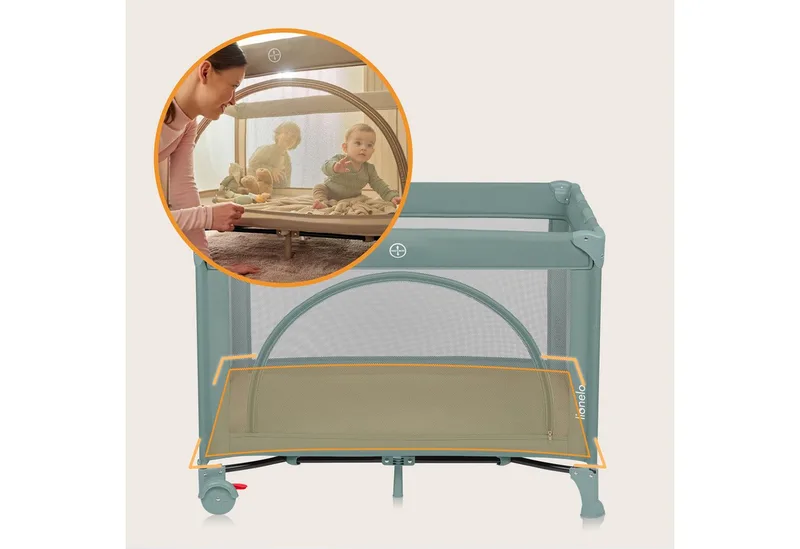 Baby-Reisebett LAURA, Kompakt/Bodeneinstieg/2 Matratzenhöhen/Rollen mit Bremsen by Lionelo in Green – product photo 3 of 4