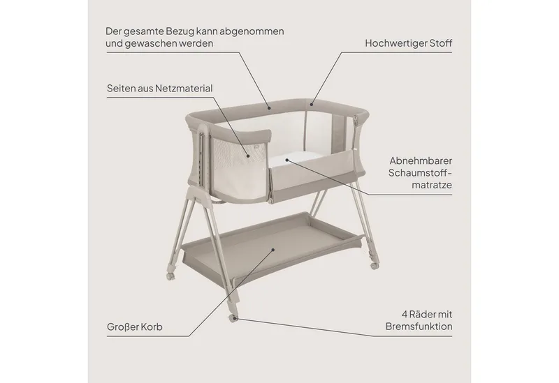 Baby-Reisebett LUNA, 2in14 Rädern mit Bremse6-stufige Höhenverstellung von Lionelo in Beige – Produktfoto 2 von 5