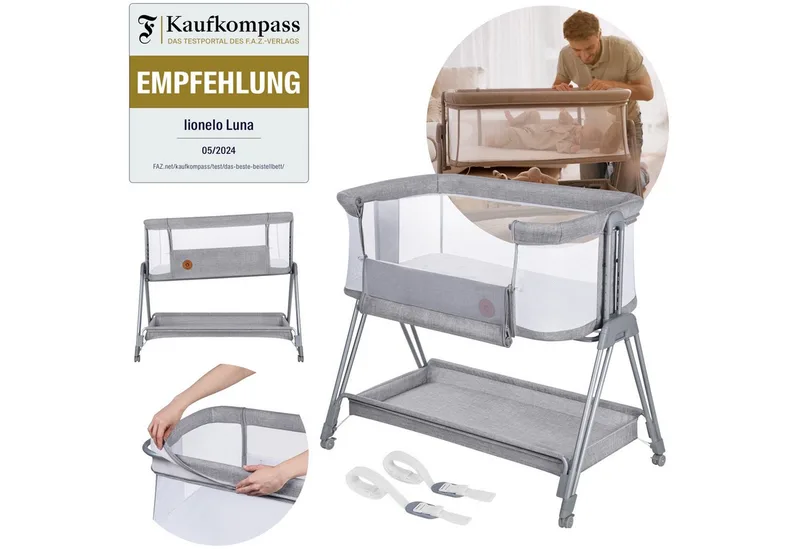 Baby-Reisebett LUNA, 2in14 Rädern mit Bremse6-stufige Höhenverstellung de Lionelo en Grau – photo produit