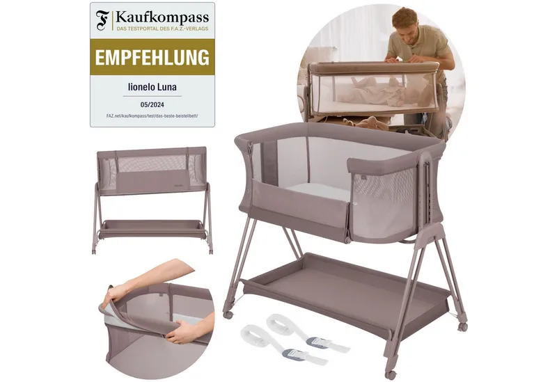 Baby-Reisebett LUNA, 2in14 Rädern mit Bremse6-stufige Höhenverstellung van Lionelo in Beige – productfoto