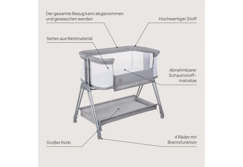 Baby-Reisebett LUNA, 2in14 Rädern mit Bremse6-stufige Höhenverstellung von Lionelo in Grau – Produktfoto 2 von 5