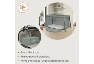 Baby-Reisebett MILA, 2in1/4-cm-Matratze/2 Höhen/360°-Netz/Tasche von Lionelo in Grün – Produktfoto 4 von 5