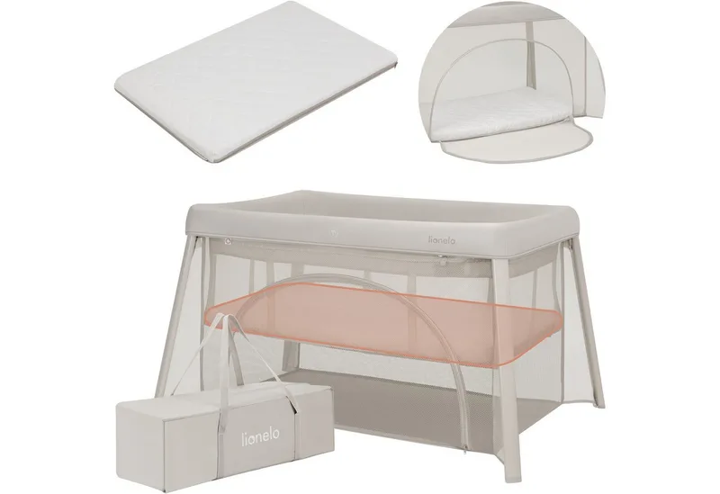 Baby-Reisebett MILA, 2in1/4-cm-Matratze/2 Höhen/360°-Netz/Tasche von Lionelo in Beige – Produktfoto 3 von 5