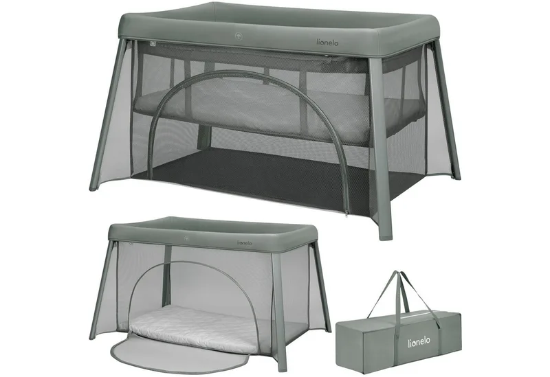 Baby-Reisebett MILA, 2in1/4-cm-Matratze/2 Höhen/360°-Netz/Tasche de Lionelo en Grün – photo produit