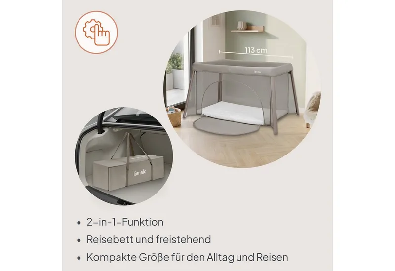 Baby-Reisebett MILA, 2in1/4-cm-Matratze/2 Höhen/360°-Netz/Tasche von Lionelo in Beige – Produktfoto 4 von 5