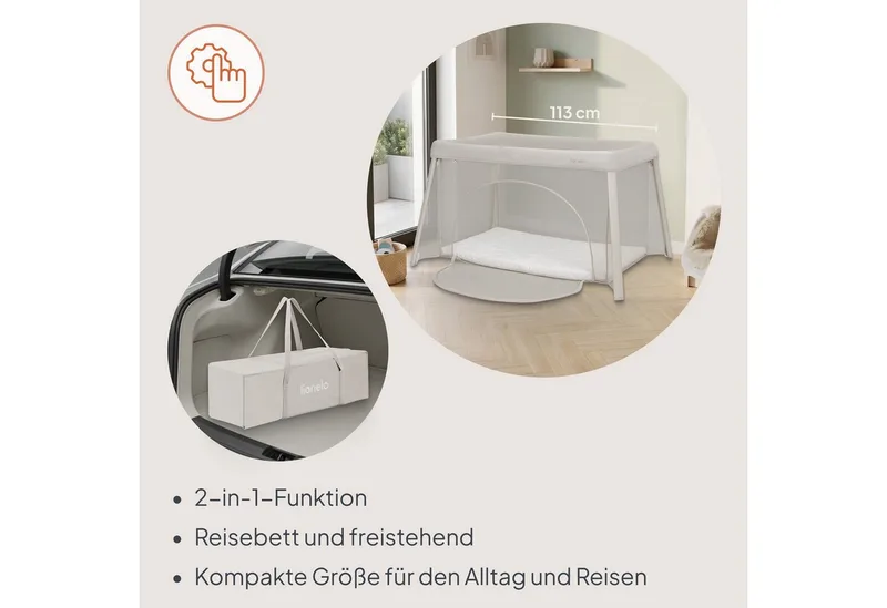 Baby-Reisebett MILA, 2in1/4-cm-Matratze/2 Höhen/360°-Netz/Tasche von Lionelo in Beige – Produktfoto 4 von 5