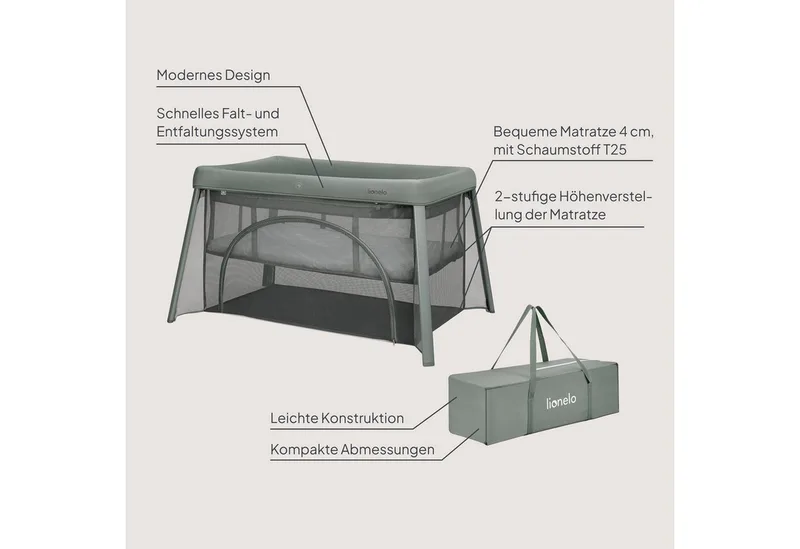 Baby-Reisebett MILA, 2in1/4-cm-Matratze/2 Höhen/360°-Netz/Tasche von Lionelo in Grün – Produktfoto 2 von 5