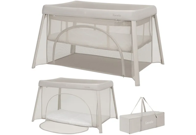Baby-Reisebett MILA, 2in1/4-cm-Matratze/2 Höhen/360°-Netz/Tasche van Lionelo in Beige – productfoto