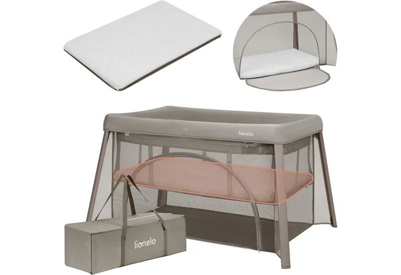 Baby-Reisebett MILA, 2in1/4-cm-Matratze/2 Höhen/360°-Netz/Tasche von Lionelo in Beige – Produktfoto 3 von 5