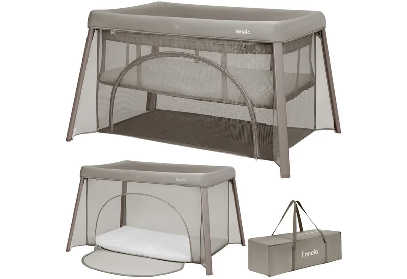Baby-Reisebett MILA, 2in1/4-cm-Matratze/2 Höhen/360°-Netz/Tasche by Lionelo in Beige – product photo