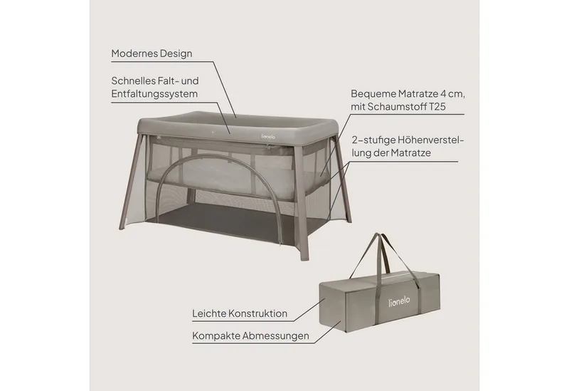 Baby-Reisebett MILA, 2in1/4-cm-Matratze/2 Höhen/360°-Netz/Tasche von Lionelo in Beige – Produktfoto 2 von 5