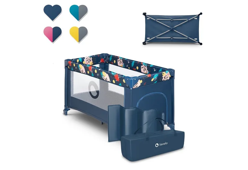 Baby-Reisebett Stefi, 120x60 cm Tragetasche Klappbaren Seiteneingang de Lionelo en Blau – photo produit