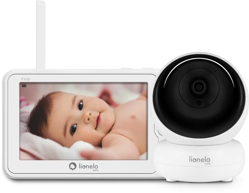 Babyline 8.3 – Babyfoon met Camera – 5” Full HD Scherm – 360° Draaibare Camera – Nachtzicht – VOX Functie – 2-Weg Audio – Opname tot 128 GB – Temperatuursensor – Bereik tot 200 m – 8 Uur Batterijduur från Lionelo i Wit – produktbild