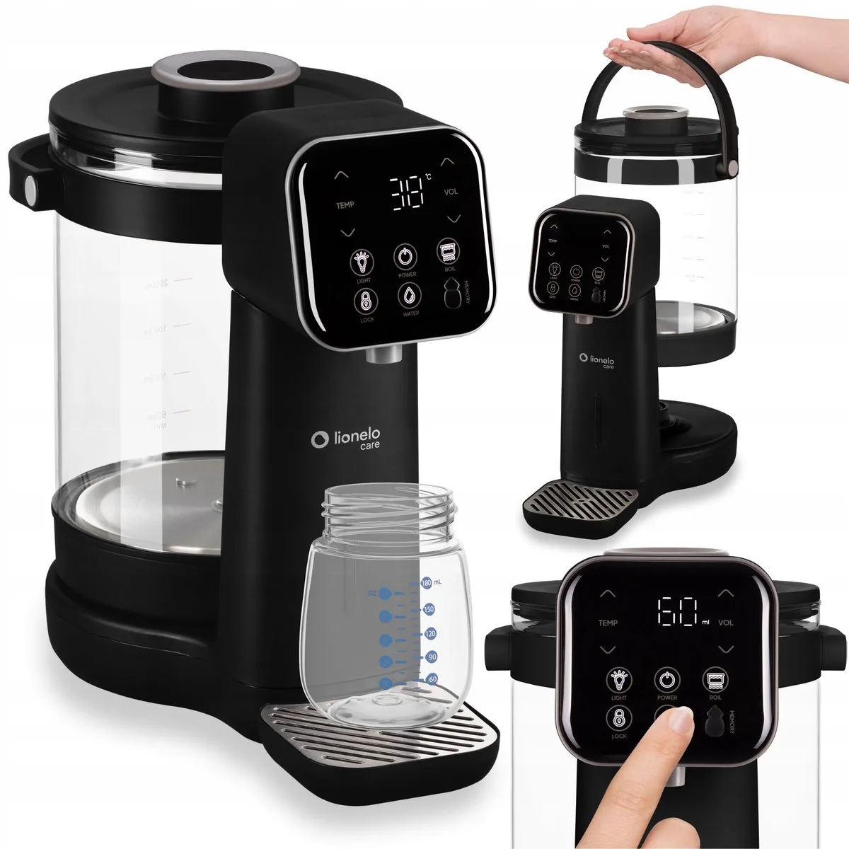 Babypresto 2.0 Waterverwarmer / Heetwaterdispenser – Melkbereidingsmachine – UV-Sterilisatie – Smart-Modus 100°C – 40–100°C Instelbaar – 30–300 ml Dosering – 3L Tank – Nachtlampje – Voor Babyvoeding by Lionelo in Black – product photo