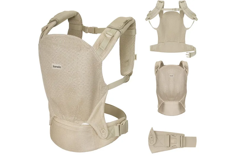 Babytrage MARAGAREET AIR (3-teiliges Set, Babytrage mit Kapuze und Schulterpolstern), Hüftgesund/Luftig und bequem/3 Tragepositionen by Lionelo in Beige – product photo