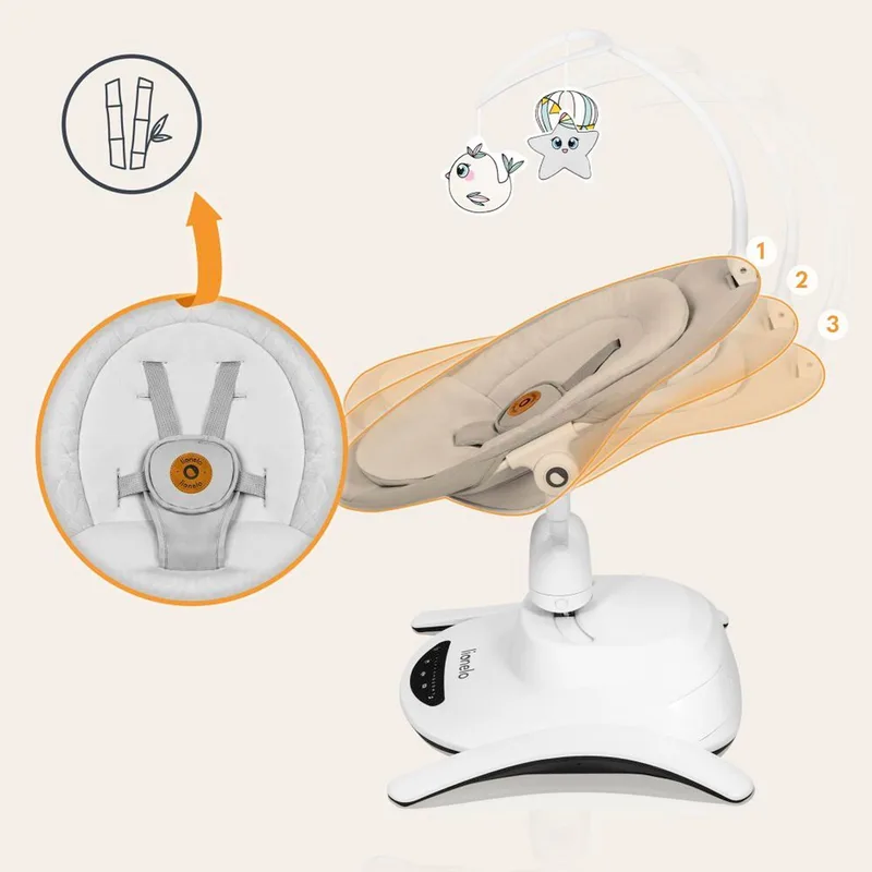 Babywippe Bella und Bella Set, 360' drehbarer Sitz, 12 beruhigende Melodien mit Lautstärkeregelung von Lionelo in Grau – Produktfoto 2 von 3