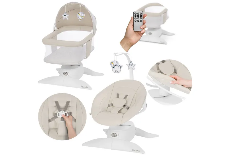 Babywippe VIVI SET, 2in1: Wippe+Babywanne/360°/Bluetooth/Bewegungssensor de Lionelo en Beige – photo produit