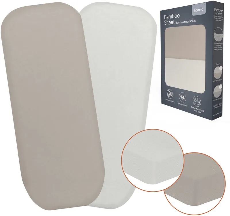 Bamboo Sheet set van 2 hoeslaken 70x28 cm voor wieg & reiswieg – lakentjes voor babybedje – bamboe viscose, met elastiek, ademend & zacht – geschikt voor matrassen tot 10 cm – milieuvriendelijk by Lionelo in Beige – product photo 1 of 5