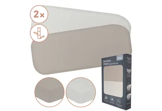 Bamboo Sheet set van 2 hoeslaken 70x28 cm voor wieg & reiswieg – lakentjes voor babybedje – bamboe viscose, met elastiek, ademend & zacht – geschikt voor matrassen tot 10 cm – milieuvriendelijk by Lionelo in Beige – product photo 2 of 5